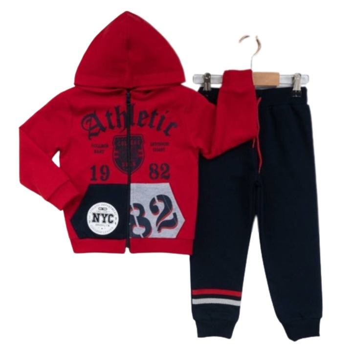 Trening 2 piese, hanorac rosu cu fermoar si gluga, pantaloni bleumarin