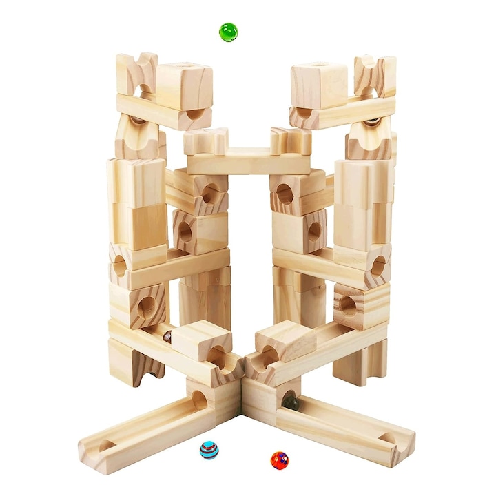 Set de constructie Marble Run din lemn cu bile din sticla, 60 piese, natur, Toyska®