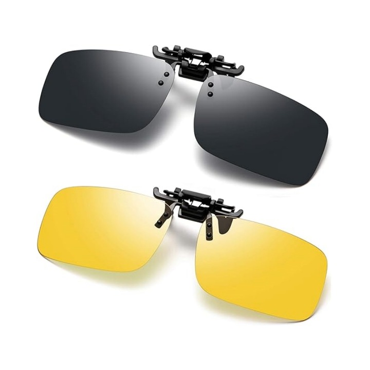 Set 2 Lentile polarizate pentru ochelari de vedere, tip Clip On, Cafuneplus®, de condus ziua si noaptea, Galben/Negru