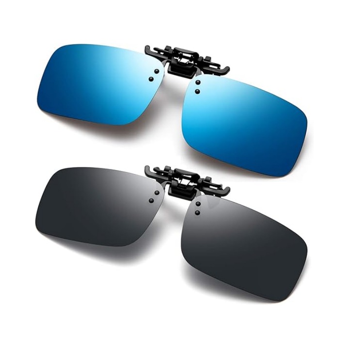 Set 2 Lentile polarizate pentru ochelari de vedere, tip Clip On, Cafuneplus®, de condus ziua si noaptea, Albastru/Negru