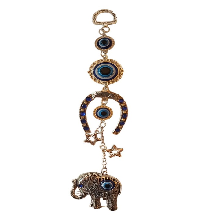 Amuleta Feng Shui pentru protectie si noroc, Potcoava cu elefant si Ochiul lui Horus, Argintiu, 21 cm, BFL092