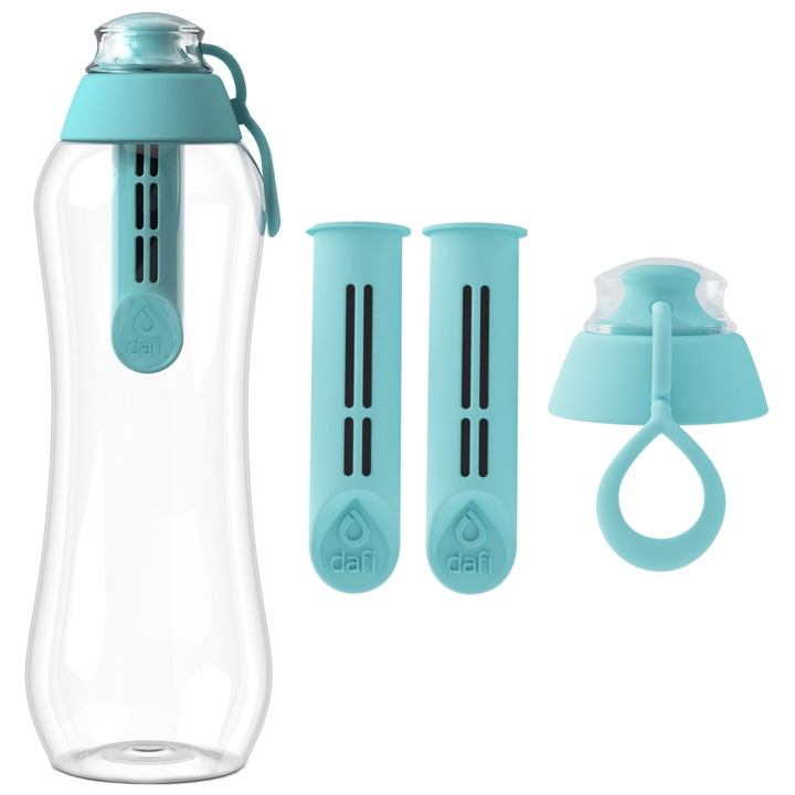 Sticla filtranta, Dafi, 0.5L, 3 filtre, Transparent/Turcoaz