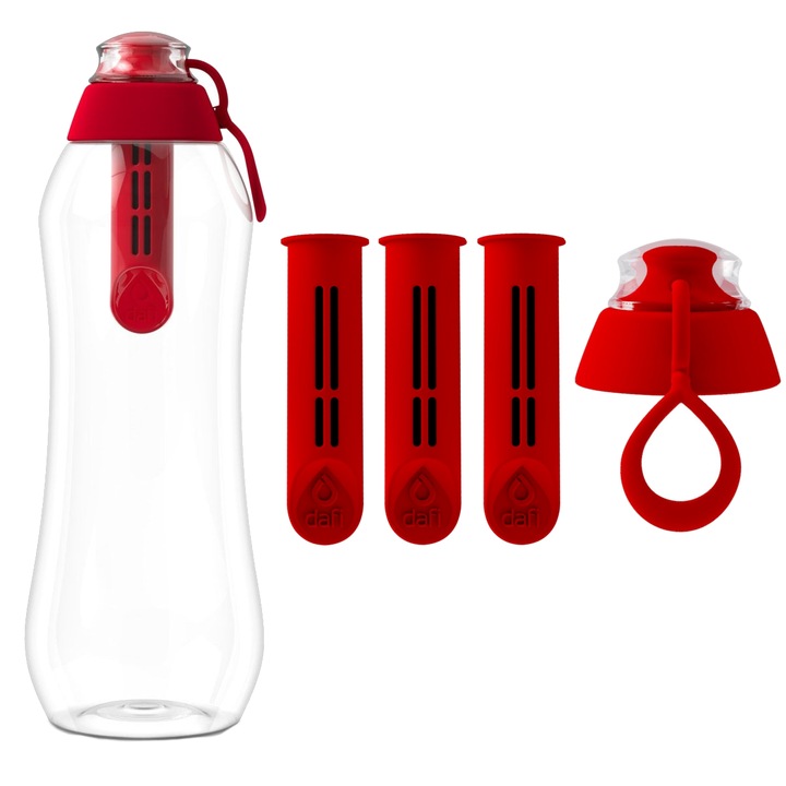 Филтърна бутилка, Dafi, 0.7L, 4 филтъра, прозрачна/червена
