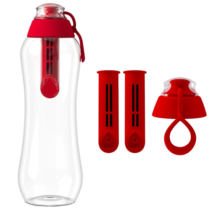 Set sticla cu filtru de apa, Dafi, 3 filtre, 0.5l, Transparent/Rosu