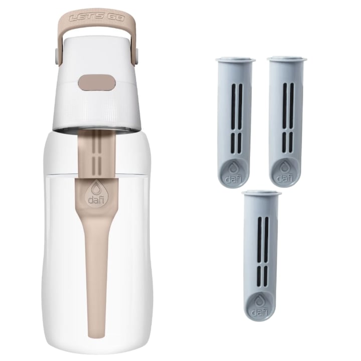 Sticla filtranta pentru apa, Dafi, 3 filtre, 0.5l, Bej/Gri