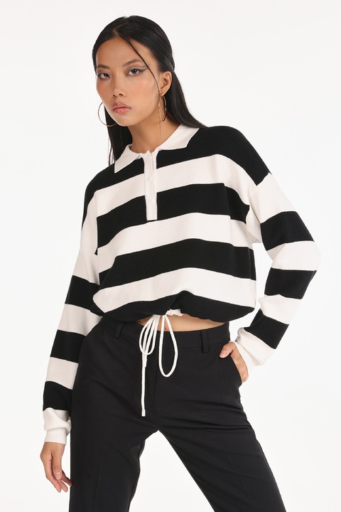 COLIN'S, Pulover in dungi cu maneci cazute, Negru/Alb murdar