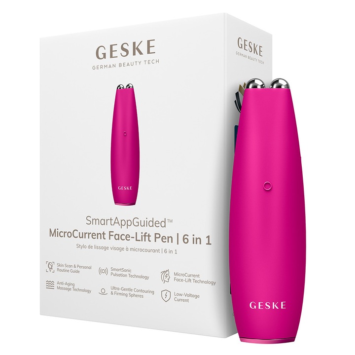 Dispozitiv de lifting facial, Geske, SmartAppGuided Face Lift Pen 6 in 1, Magenta