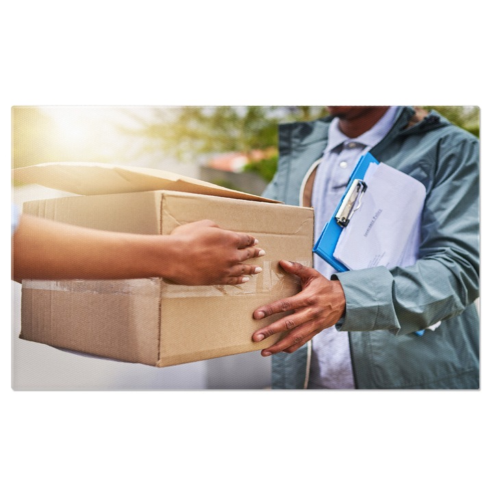 Tablou Canvas: Livrare la Domiciliu - Curier si Client, Serviciu Eficient si Rapidete 140x90CM