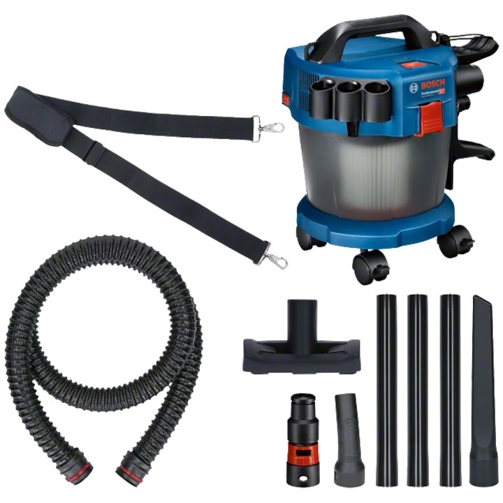 Aspirator pe acumulator Bosch Professional GAS 18V-10 L, 18 V, 115 mbari, 6 l volum recipient, curea de umar, 3 buc tub aspiratie, 1 adaptor scula electrica, furtun 1.6 m, duza rosturi, 4 roti, teava cu cot, filtru burduf praf, duza pardoseli