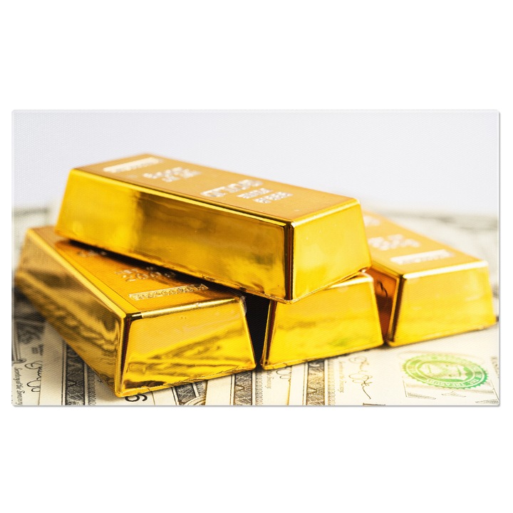 Картина на платно - Инвестиции в злато и пари: Изображения на златни монети и инвестиции в икономика, финанси и благороден метал 90x60CM