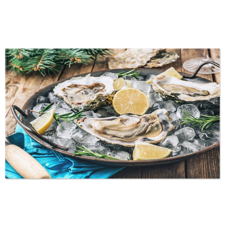 Tablou Canvas Cu Delicii din Mare: Stridii Proaspete si Prezentari Atragatoare de Peste la Gheata 70x50CM