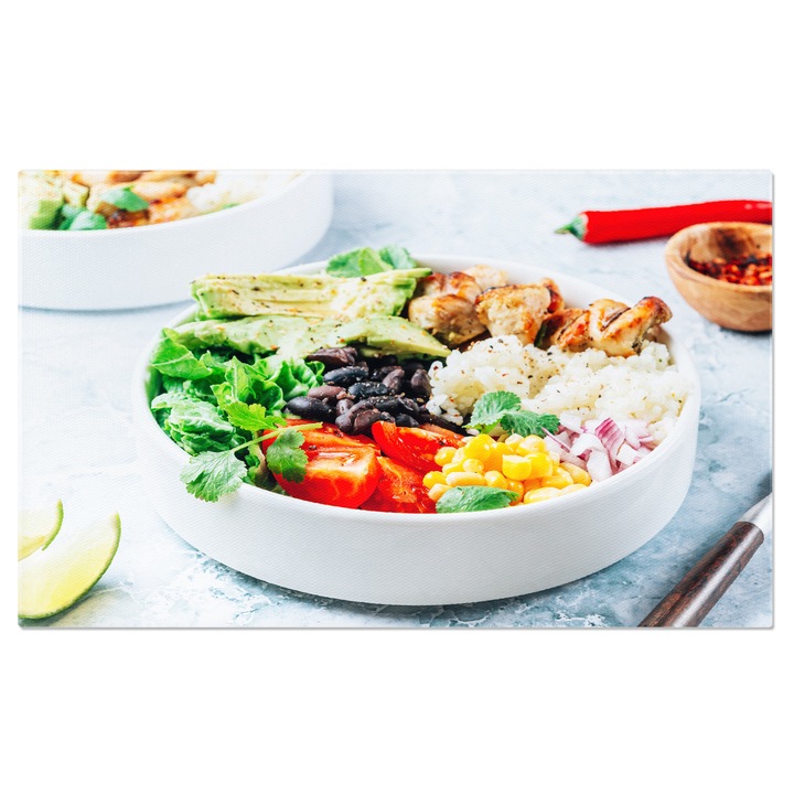 Vászonfestés - Mexikói konyha, finom tál avokádóval, csirkével, rizzsel és fűszeres szósszal: burrito, friss, chipotle, házi 90x60cm