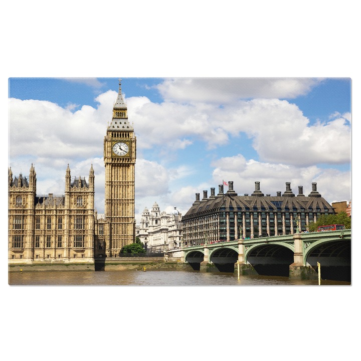 Vászonfestés - Történelem az építészetben: Westminster, Big Ben, Temze: Nagy-Britannia, Parlament, felhős égbolt 70x50cm
