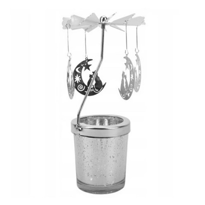 Suport lumanari rotativ cu luna si pisica CLASStitude, rotire automata, 16 x 6 cm, Argintiu