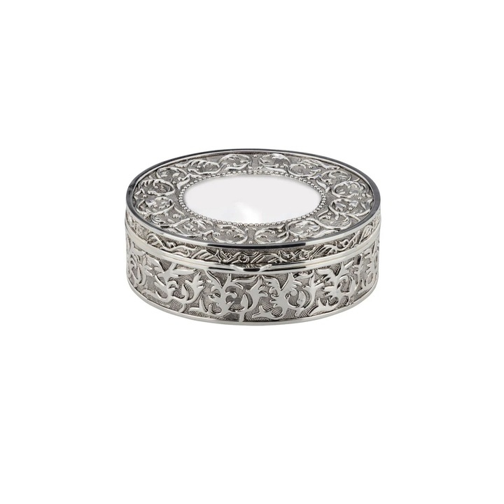 Ezüst ékszerdoboz, ovális, 12,7 x 10,9 x 4,9 cm, ezüst