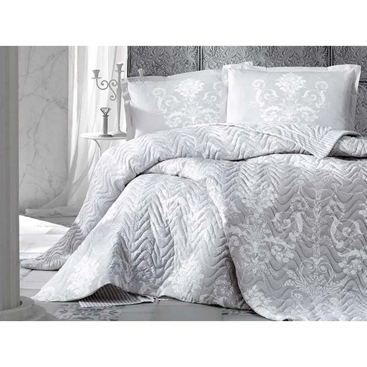 Set Lenjerie si Cuvertura pentru 2 persoane, Clasy, Alone, Gri, Bumbac 100%, 4 piese