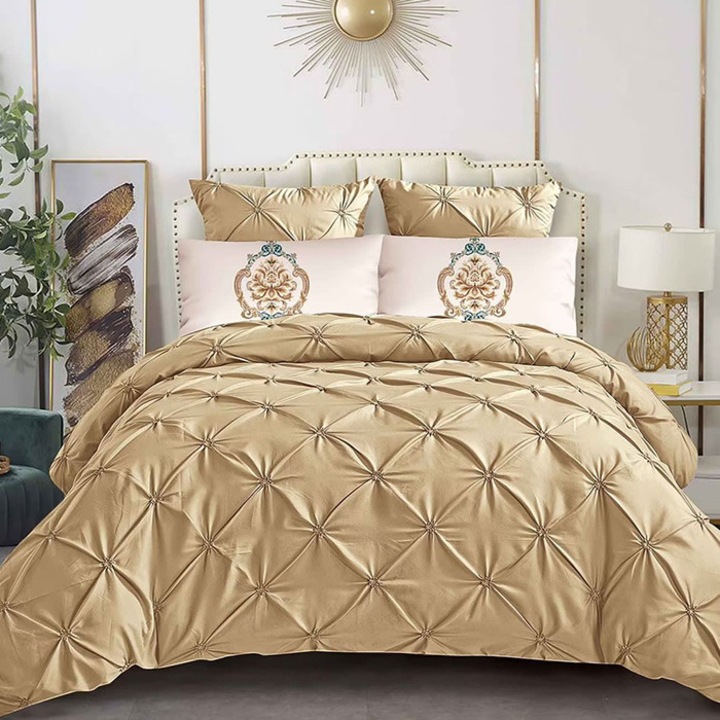 Lenjerie de pat pentru cu elastic 180x200, Dormy, Crease, Galben, Finet, 6 piese