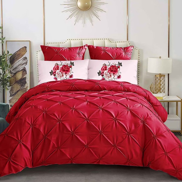 Lenjerie de pat pentru cu elastic 180x200, Dormy, Crease, Rosu, Finet, 6 piese