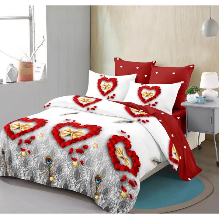 Finom vastag ágynemű gumis, 2 személyes ágy, 6 db, Fehér/Piros, Szívmintás, Fresh Home51