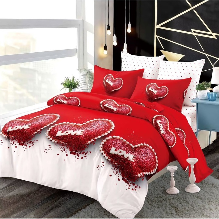 Фино дебело спално бельо с ластик, Легло за 2 човека, 6 части, Червено/Бяло, Щампа на любовни сърца, Fresh Home53