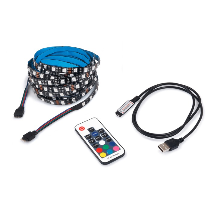 Set de benzi LED, KOLORENO, 5V IP20 5m, RGB + controler USB cu telecomanda RF pentru iluminarea televizorului