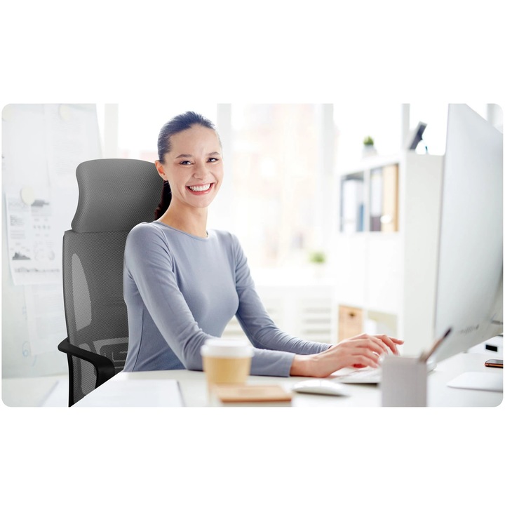 Офис Стол DacEnergy©, Тапицерия От Микромрежа, Пластмасови Подлакътници, Регулиране На Височината И Облегалка За Глава, Двойни Гумени Колела, Ергономична Форма, Сив