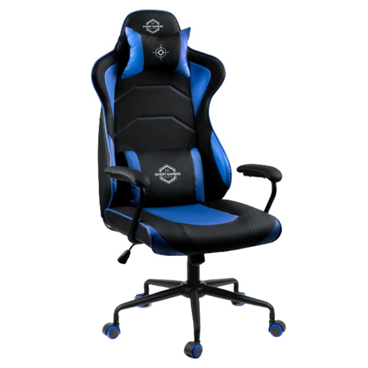 DacEnergy játékszék, modern kialakítás, ergonomikus, ellenálló kartámasz, kontúros derékpárna, gumi kerekek, állítható magasságú és háttámla, 123x64,5 cm, fekete és kék