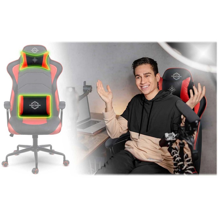 Геймърски стол DacEnergy©, модерен дизайн, ергономичен, издръжливи подлакътници, контурна лумбална възглавница, гумирани колела, регулируема височина и облегалка, 123x 64,5 см, черен и червен