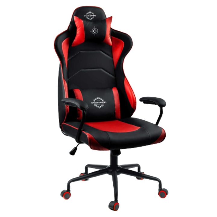 Геймърски стол DacEnergy©, модерен дизайн, ергономичен, издръжливи подлакътници, контурна лумбална възглавница, гумирани колела, регулируема височина и облегалка, 123x 64,5 см, черен и червен