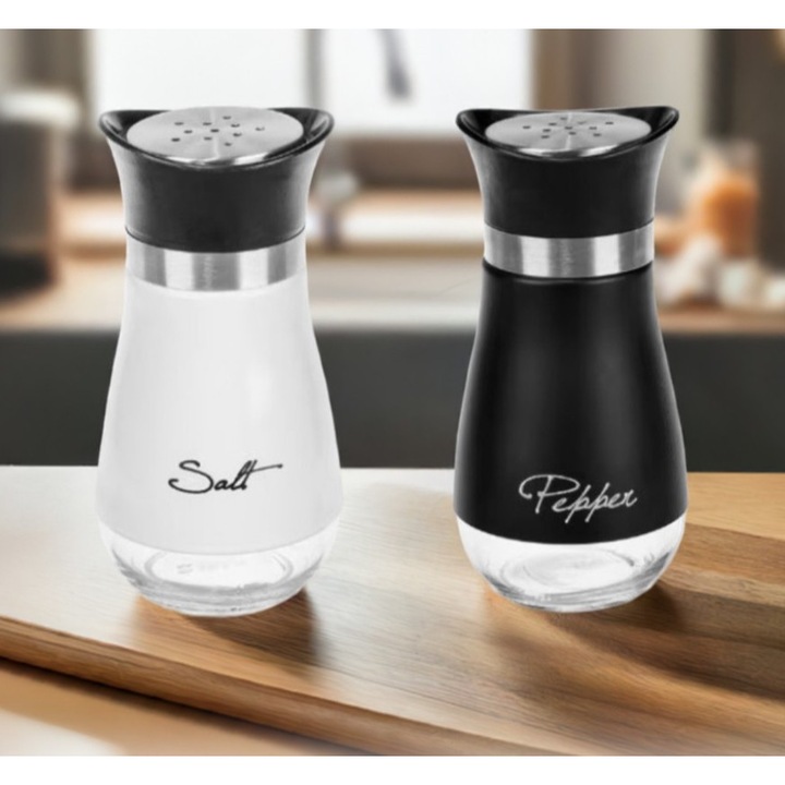 Set 2 solnite sare si piper, din sticla si plastic, capac metalic, Syamag, 12x6 cm