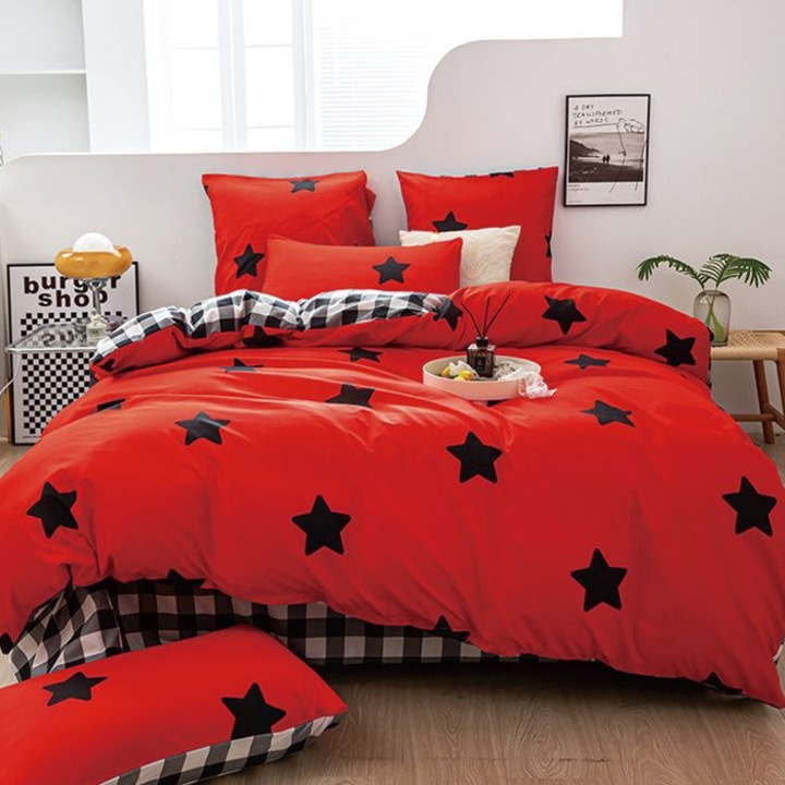Спално бельо за 2 човека, Dormy, Starry Red, Satin Cotton, 4 бр