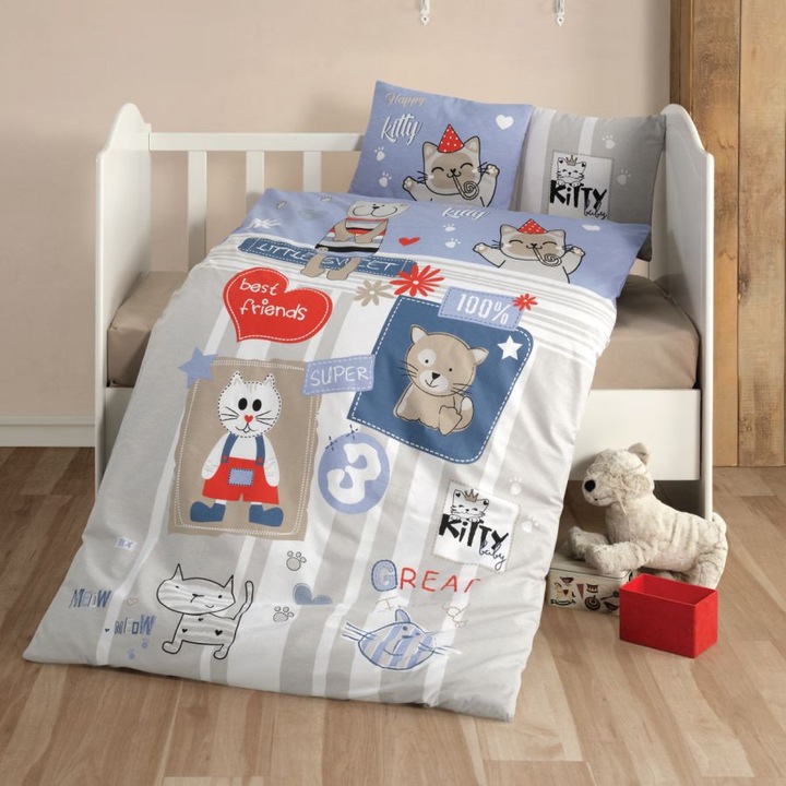 Спално бельо за бебешка кошара, Clasy, Kitty V1, синьо, 100% памук, 4 части