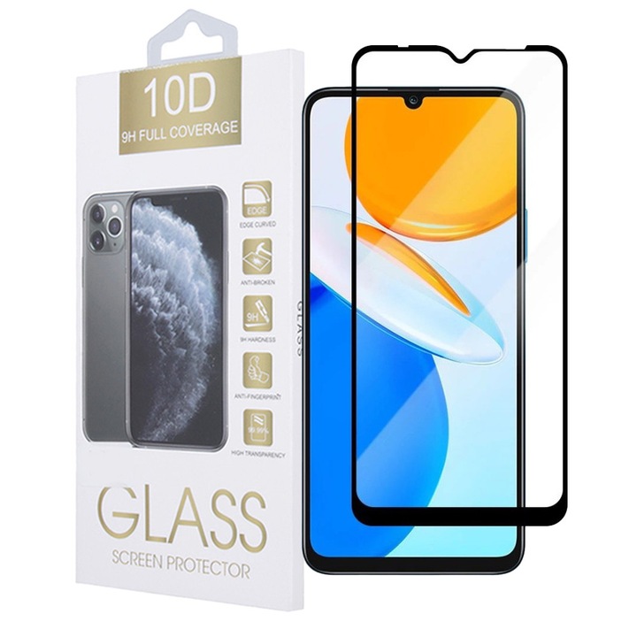 Honor X6 / X8 5G / Honor 70 Lite 5G kompatibilis üvegfólia, előlapi, 10D, edzett, hajlított, fekete kerettel