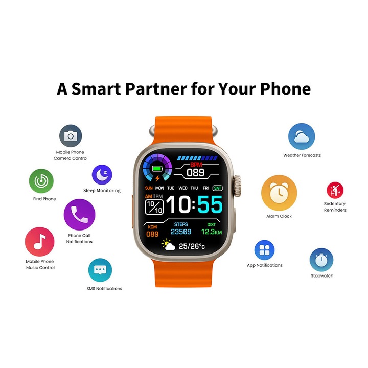 Ceas smartwatch, OnePepito, GS-28, Apeluri, Sms, Social Media, activitati fizice si fitness, Monitorizare Ritm cardiac, somn si tensiune arteriala, waterproof, Portocaliu