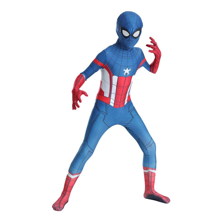 Costum pentru Copii, Spider-man devine Capitanul America, Set cu masca, Super-Erou, Lycra, 7-8 ani, 150, Albastru/ Rosu/ Alb