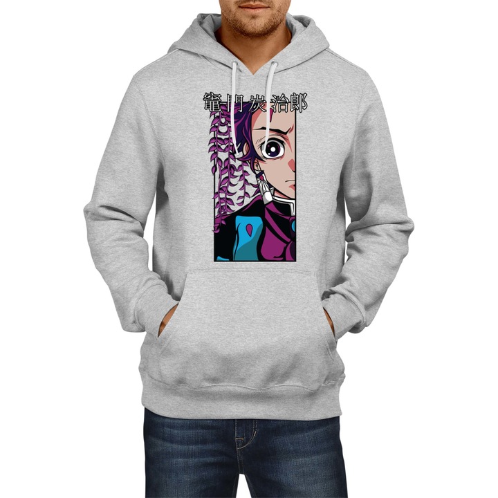 Hanorac barbati Demon Slayer Kimetsu no Yaiba Tralala Tanjiro Face, Gri melange