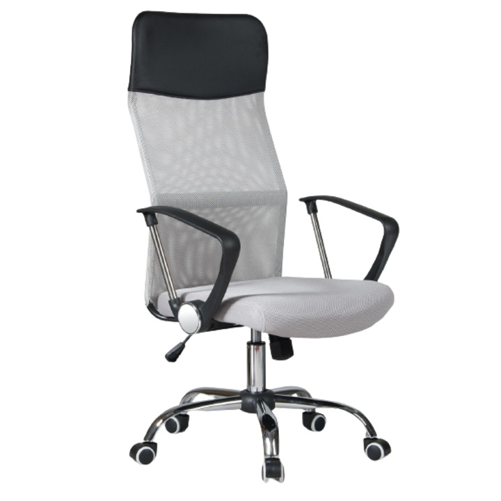 Офис Стол DacEnergy, Висока Облегалка, Ергономичен, Микро Мрежа, Удобни Подлакътници, Функция За Вертикално Заключване, Светло Сиво И Черно