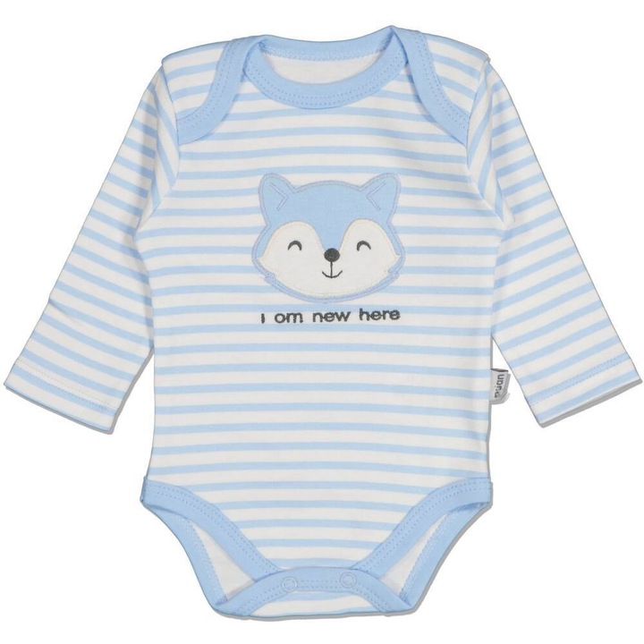 Body baieti, Puan Baby, cu vulpita I am new here, Bumbac, Albastru deschis si alb, Multicolor