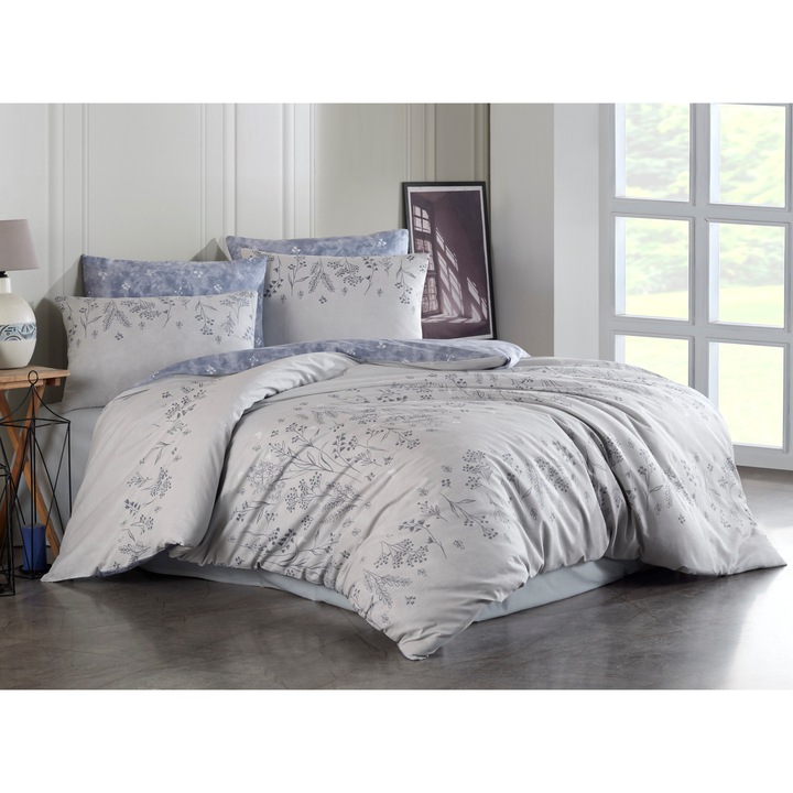 Set cuvertura de pat Veronica V1 albastru, 3 piese, 100% bumbac, simplu, cu fermoar, 140x200cm