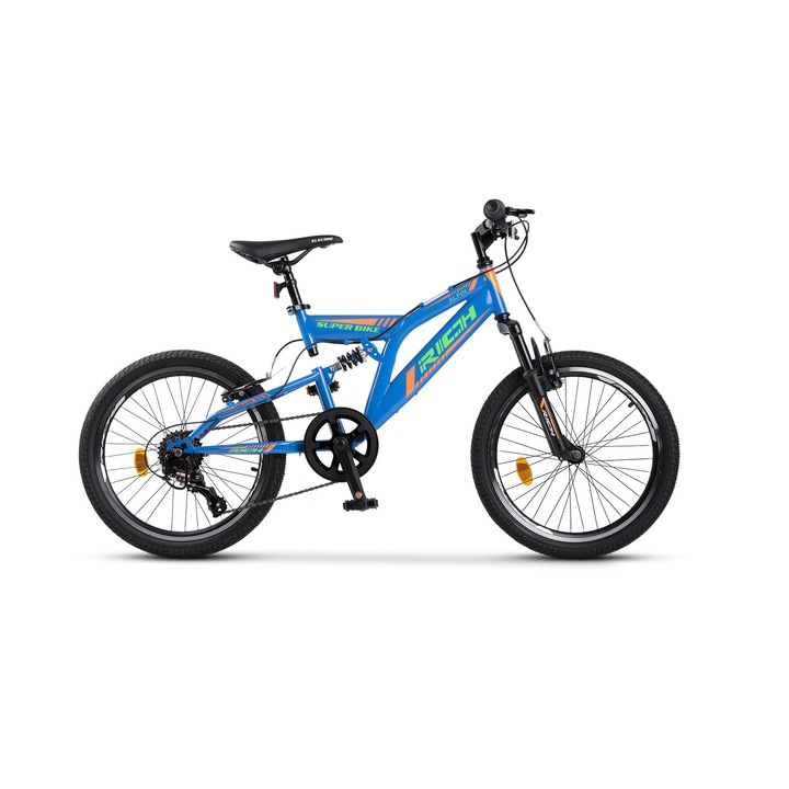 Bicicleta MTB de munte Full Suspension Rich Alpin JSX2049, suspensie fata/spate, roata 20 inch, frana tip V-Brake, 6 viteze, albastru cu verde