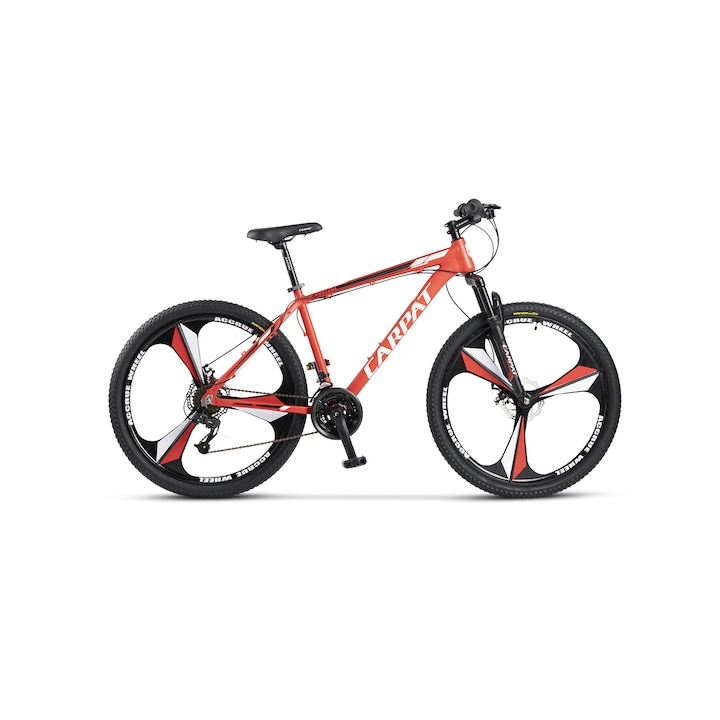 Велосипед MTB-HT Carpat C2799M, въртящи се лостове Shimano, магнезиеви джанти, колела 27,5 инча, алуминиева рамка, предни/задни дискови спирачки, червено/бяло/черно