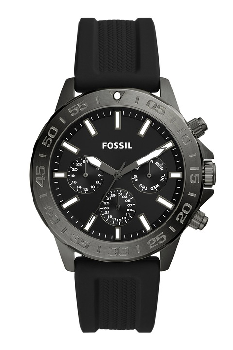 Fossil, Мултифункционален часовник със силиконова каишка, Черен, Тъмносребрист