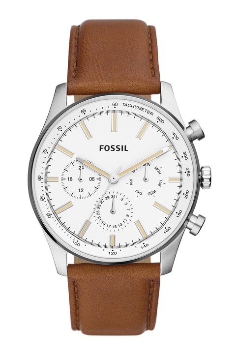 Fossil, Мултифункционален часовник с кожена каишка, Сребрист, Канела