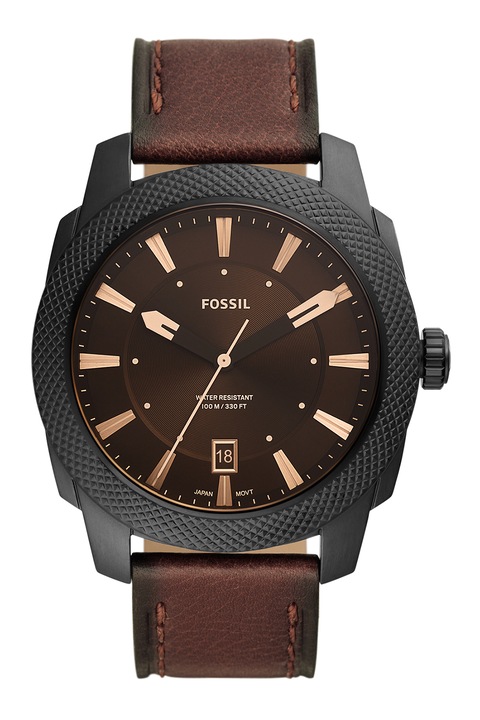Fossil, Часовник с кожена каишка и лого на циферблата, Тъмнокафяв, Тъмносив