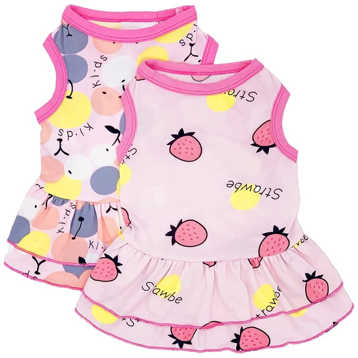 Set 2 Rochii pentru caini, fara maneci, design cu fructe, bumbac, roz, XL