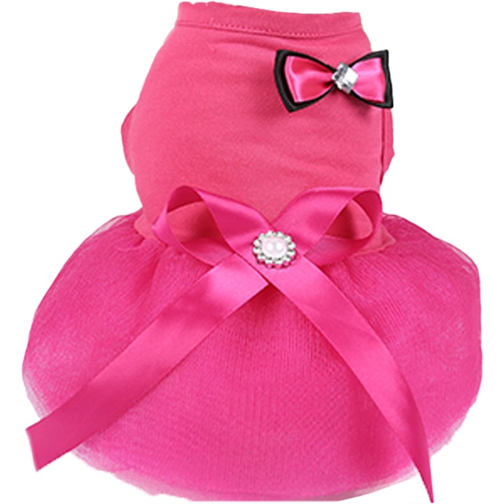 Rochie pentru animale de companie, rochie stil printesa, tutu cu funda si centura de cristal, rosu trandafir, pentru caini mici si mijlocii si pisici