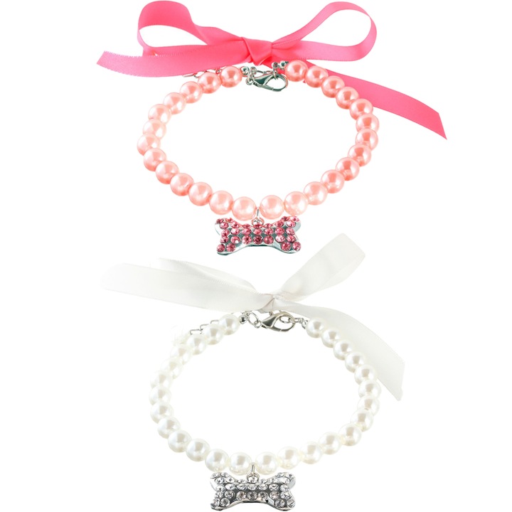2 buc. Colier de guler de perle pentru pisica de caine cu os de stras, bijuterii de guler de nunta pentru pisici de lux Accesorii pentru caini roz+alb