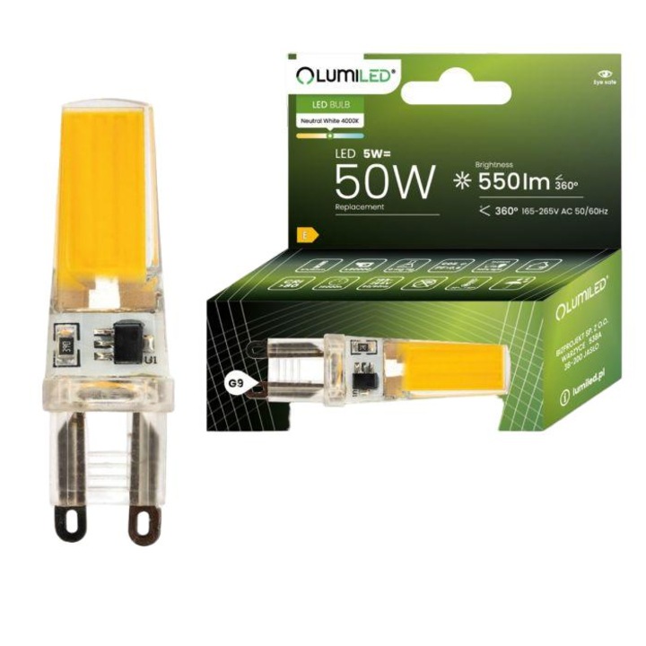 Bec cu capsula LED, LUMILED COB, G9, 5W = 50W, 550lm, 4000K, aluminiu, clasa E, 16x57mm