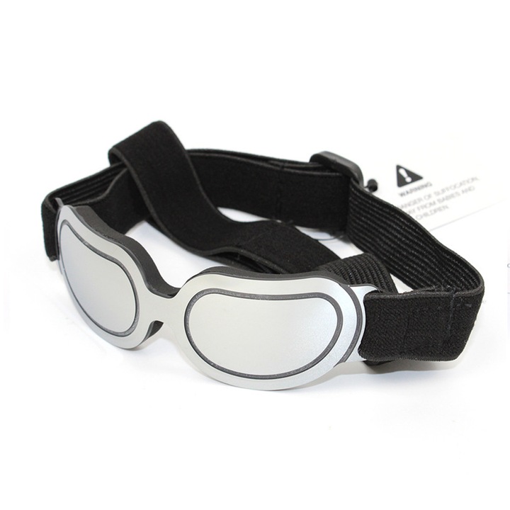 Ochelari de protectie pentru caini mici, rezistenti la UV, vant si apa, argintiu, cu benzi ajustabile