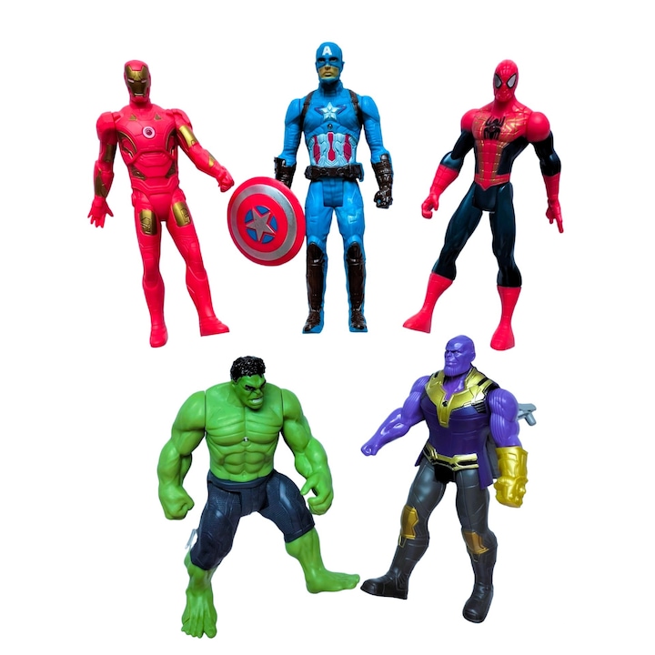5 db Led Bosszúálló figura készlet, Vasember, Hulk, Captain Marvel, Pókember, Thanos, 15 cm, Többszínű